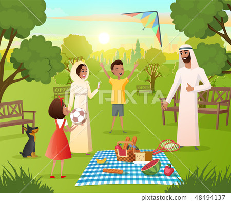 Happy Muslim Family on Picnic In City Park Vector Happy Muslim Family on Picnic In City Park Vector 48494137
