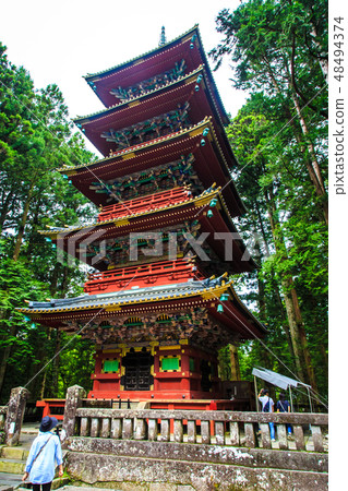 新鮮的綠色日光東照宮五重塔世界遺產[日光市，栃木縣] 48494374