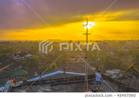 aerial view sunrise on the old satellite dish 48497060
