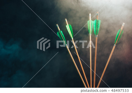 Five wood arrow. Beautiful smog background. Five wood arrow. Beautiful smog background. 48497533