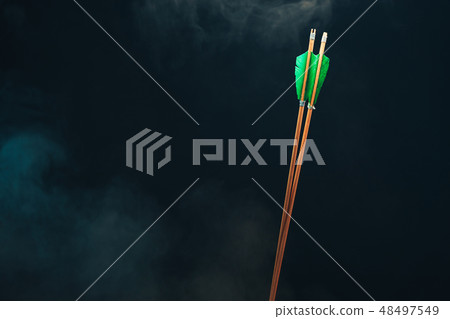 Two wood arrow. Beautiful smog background. Two wood arrow. Beautiful smog background. 48497549