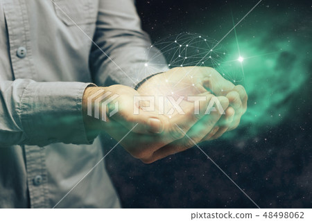 Man holding in palm Social connection technologies 48498062