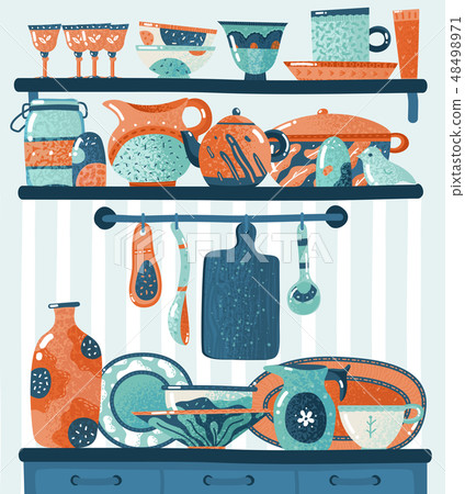 Cooking shelf. Kitchen utensils for food preparation or cookware standing on shelves hanging on Cooking shelf. Kitchen utensils for food preparation or cookware standing on shelves hanging on 48498971