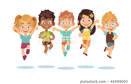 Jumping kids. Cartoon children playing and jump isolated happy active cute surprised kid vector Jumping kids. Cartoon children playing and jump isolated happy active cute surprised kid vector 48499005
