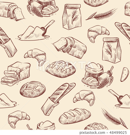 Bakery seamless pattern. Bread croissant pastries pastry wheat loaf sliced white roll drawn vintage Bakery seamless pattern. Bread croissant pastries pastry wheat loaf sliced white roll drawn vintage 48499025