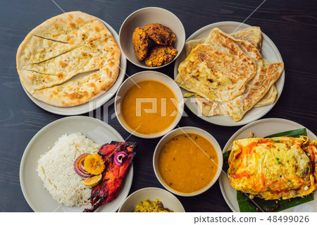 Assorted indian food on dark wooden background. Dishes and appetizers of indian cuisine. Curry 48499026
