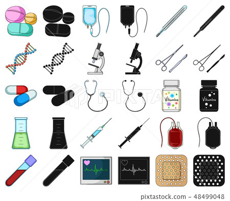 Medicine and treatment cartoon,black icons in set collection for design. Medicine and equipment 48499048
