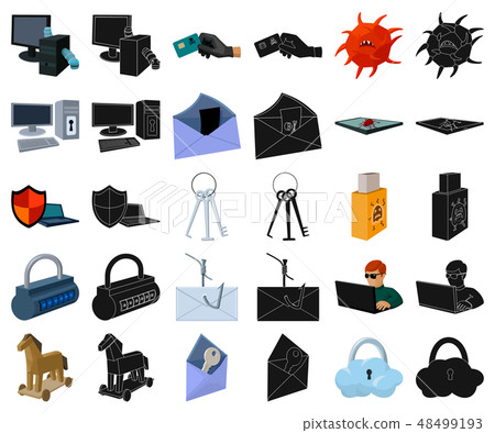 Hacker and hacking cartoon,black icons in set collection for design. Hacker and equipment vector Hacker and hacking cartoon,black icons in set collection for design. Hacker and equipment vector 48499193
