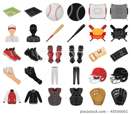Baseball and attributes cartoon,black icons in set collection for design.Baseball player and 48500001