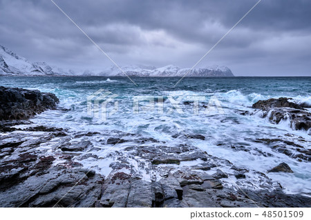 Norwegian Sea waves on rocky coast of Lofoten islands, Norway 48501509