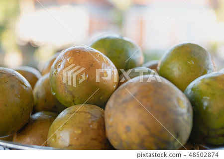 Tangerines placed in a basket on the table 48502874