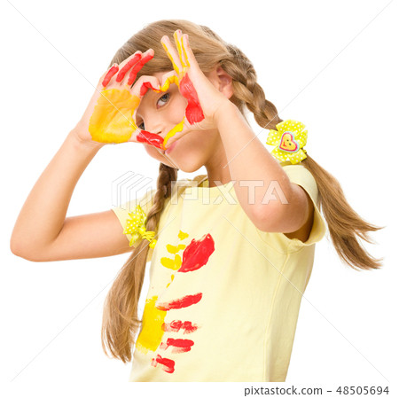 Portrait of a cute girl playing with paints Portrait of a cute girl playing with paints 48505694