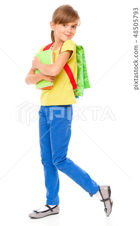 Portrait of a cute little schoolgirl with backpack 48505793