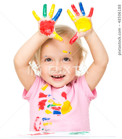 Portrait of a cute little girl playing with paints Portrait of a cute little girl playing with paints 48506188