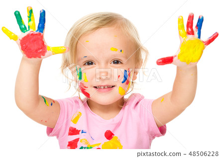 Portrait of a cute little girl playing with paints Portrait of a cute little girl playing with paints 48506228