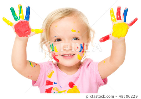 Portrait of a cute little girl playing with paints Portrait of a cute little girl playing with paints 48506229