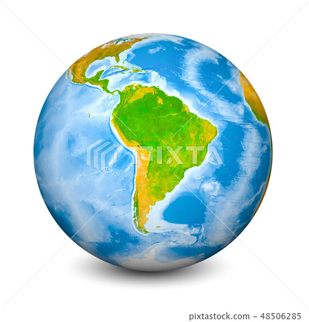 Earth globe focused on South America. Realistic topographical lands and oceans with bathymetry. 3D Earth globe focused on South America. Realistic topographical lands and oceans with bathymetry. 3D 48506285