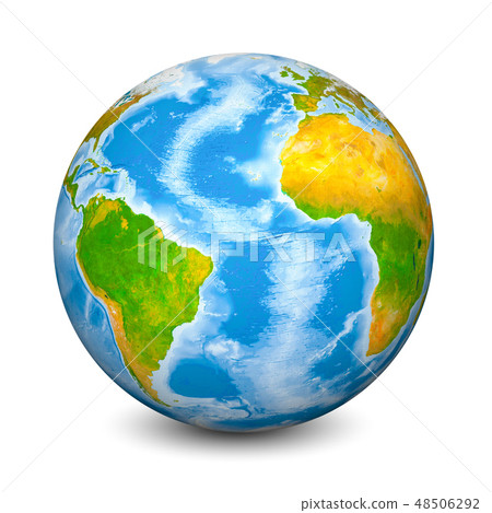 Earth globe focused on Atlantic Ocean. Realistic topographical lands and oceans with bathymetry. 3D 48506292