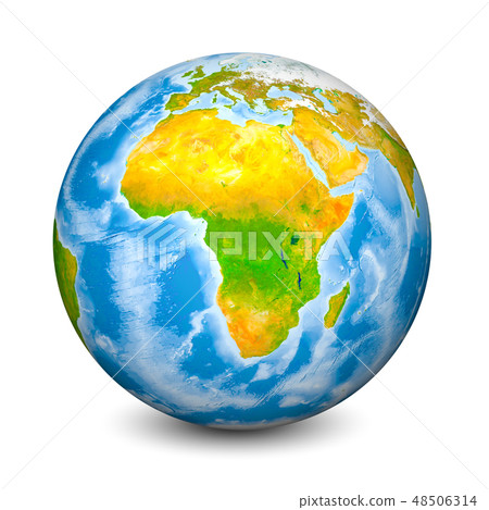 Earth globe focused on Africa. Realistic topographical lands and oceans with bathymetry. 3D object Earth globe focused on Africa. Realistic topographical lands and oceans with bathymetry. 3D object 48506314