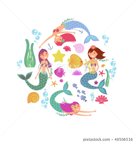 Cartoon swimming mermaids and sea underwater animals vector collection Cartoon swimming mermaids and sea underwater animals vector collection 48506516