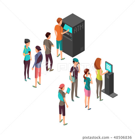Row of waiting people at atm payment machine and terminal. 3d isometric banking and finance vector Row of waiting people at atm payment machine and terminal. 3d isometric banking and finance vector 48506836