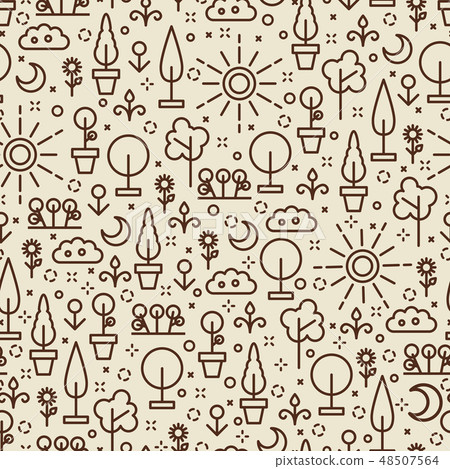 Line art nature seamless pattern - seamless texture with tree, flower 48507564