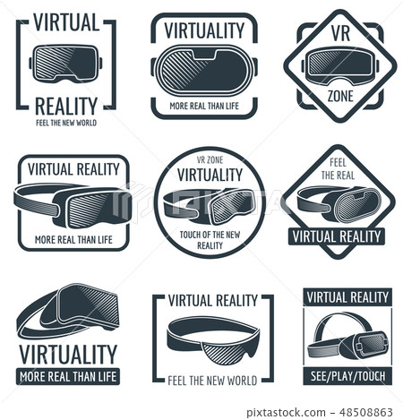 Futuristic helmet virtual reality headset logos. Vr glasses head-mounted display vector labels 48508863