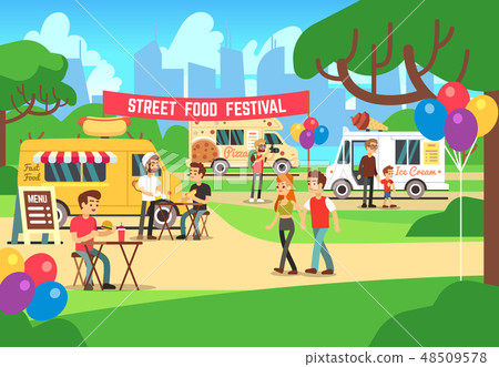 Cartoon street food festival with people and trucks vector background Cartoon street food festival with people and trucks vector background 48509578