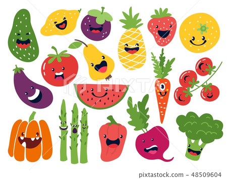 Flat vegetable characters. Funny smiley doodle fruits, hand drawn berries potato onion tomato apples Flat vegetable characters. Funny smiley doodle fruits, hand drawn berries potato onion tomato apples 48509604