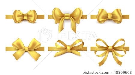 Golden ribbon bow. Holiday gift decoration, valentine present tape knot, shiny sale ribbons 48509668