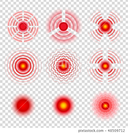 Pain circle symbols. Painkiller remedy spots icons, painful target red radial vector signs 48509712
