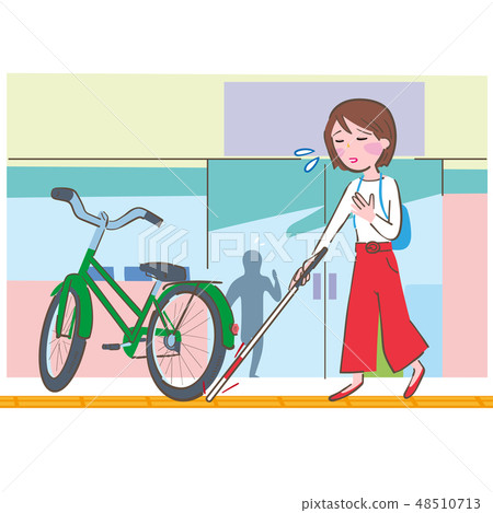 A woman walking while checking a braille block with a white cane and a bicycle that is obstructing 48510713