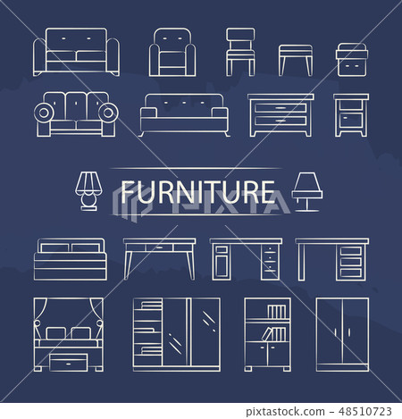 Living room furniture and table lamps line icons set Living room furniture and table lamps line icons set 48510723