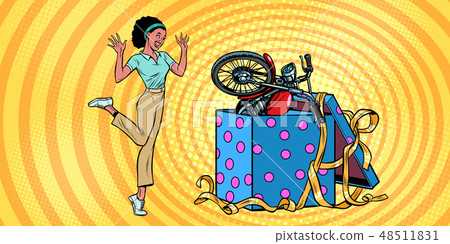motorcycle holiday gift box. African woman funny reaction joy 48511831