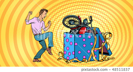 Man and motorcycle holiday gift box, funny reaction joy. 48511837