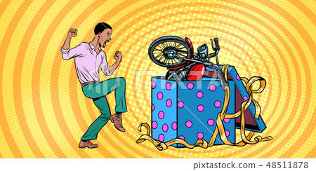 african Man and motorcycle holiday gift box, funny reaction joy. 48511878