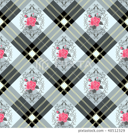 White tartan plaid and flowers pattern on checkered background for textile 48512329
