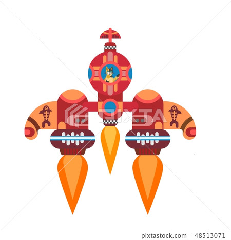 cat flying on a rocket with fish icons in space 48513071