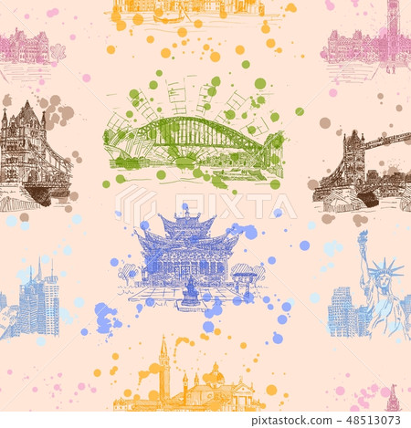 world sights seamless pattern background vector  48513073