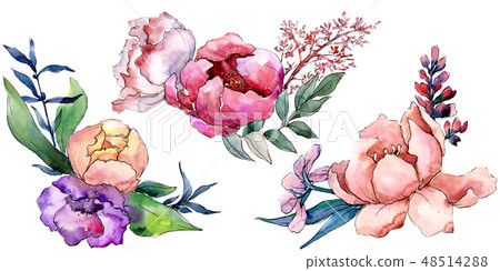 Peony bouquets floral botanical flower. Watercolor background set. Isolated bouquet illustration 48514288
