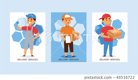Courier vector postman man character of delivery service delivering parcel box package pizza 48516722