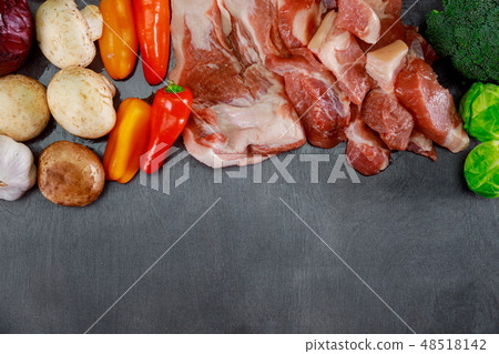 Raw pork meat steaks set of herbs Raw pork meat steaks set of herbs 48518142