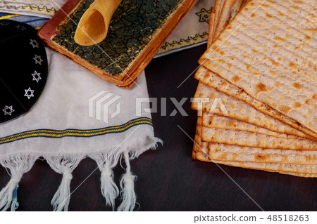Shofar and tallit with matzah, Jewish symbols 48518263