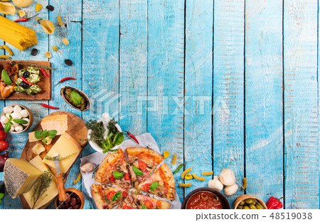 Italian food ingredients on old wooden background 48519038