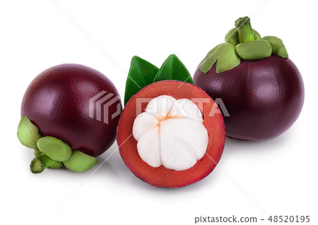ripe mangosteen with leaves isolated on white background closeup ripe mangosteen with leaves isolated on white background closeup 48520195