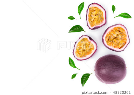 passion fruits with leaves isolated on white background with copy space for your text. Isolated passion fruits with leaves isolated on white background with copy space for your text. Isolated 48520261