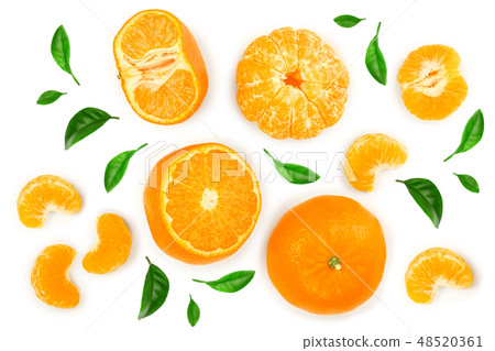 tangerine or mandarin with leaves isolated on white background. Top view. Flat lay tangerine or mandarin with leaves isolated on white background. Top view. Flat lay 48520361