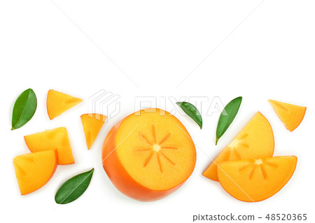 persimmon slice with leaves isolated on white background with copy space for your text. Top view persimmon slice with leaves isolated on white background with copy space for your text. Top view 48520365