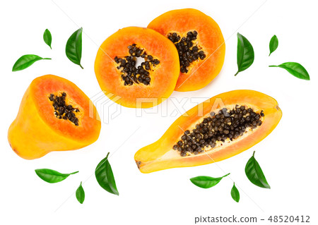 ripe slice papaya isolated on a white background. Top view. Flat lay ripe slice papaya isolated on a white background. Top view. Flat lay 48520412