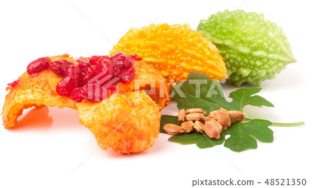green and yellow momordica with leaf seeds isolated on white background 48521350